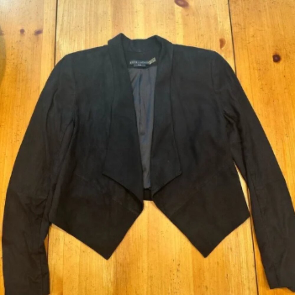 Alice + Olivia Black Cropped Blazer Waterfall Collar - Harvey Jacket Suede